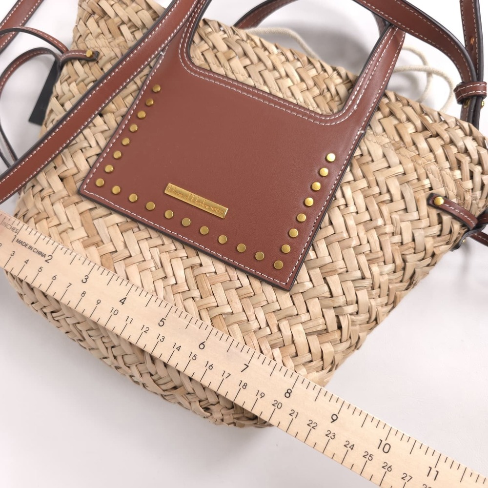 HOUSE OF HARLOW 1960 Women's Straw Tote Bag Studded Faux Leather Trim Top Handle - Picture 7 of 12